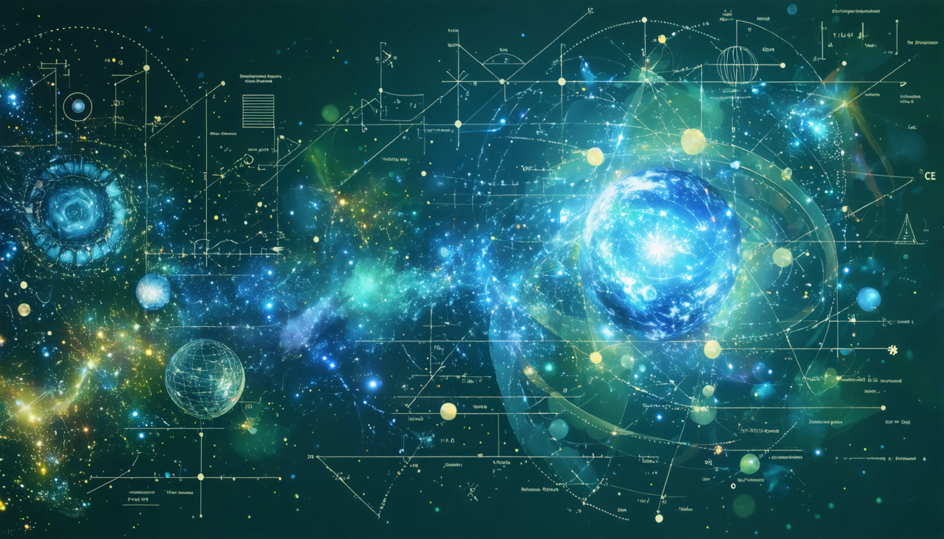 An artistic representation of various scientific and philosophical theories, featuring cosmic elements and vibrant colors.