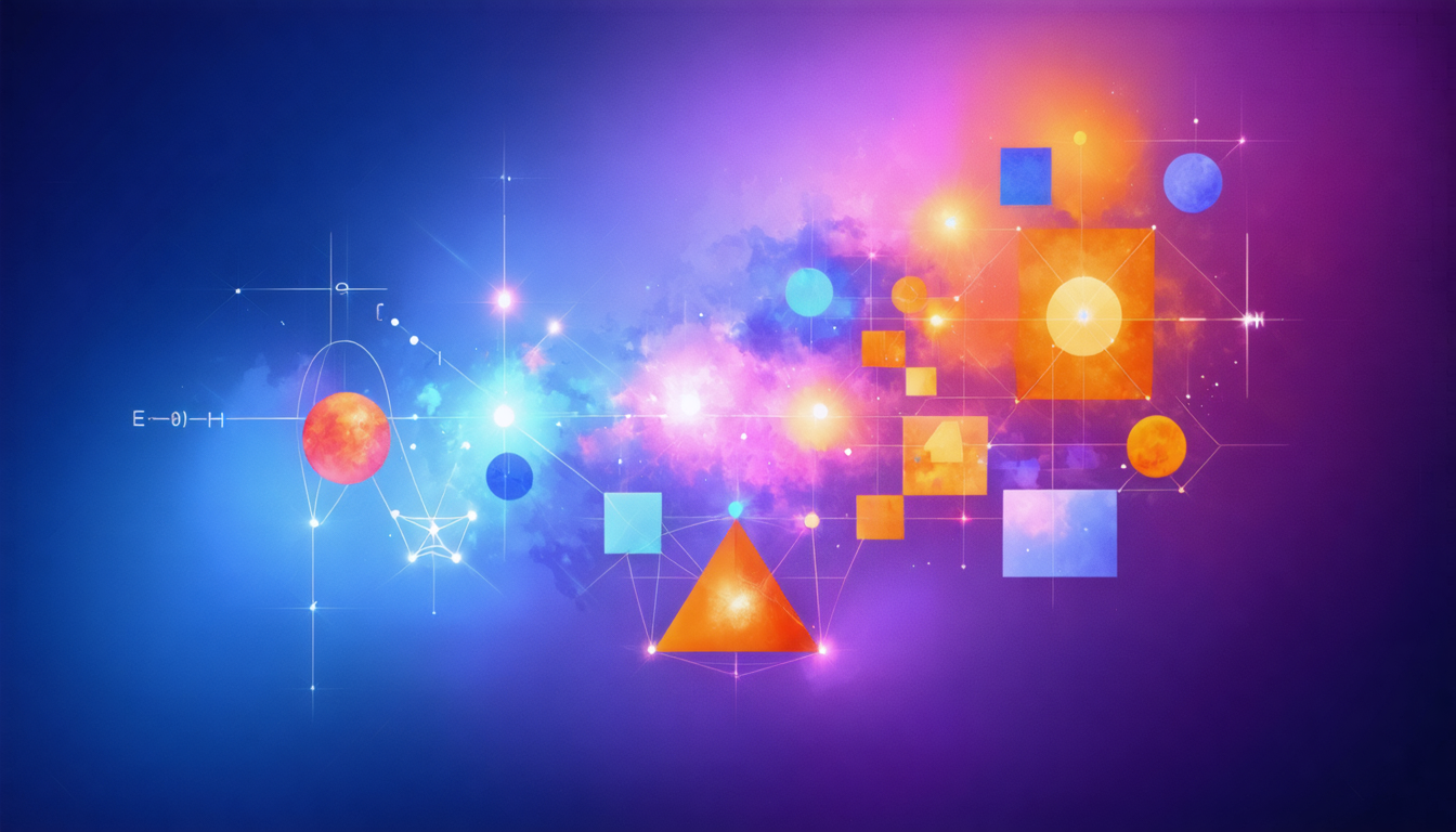 Abstract representation of various scientific and philosophical theories with colorful geometric shapes and cosmic background.
