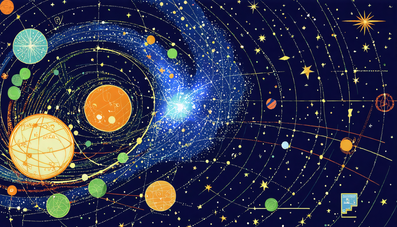 An abstract representation of various scientific and philosophical theories depicted in a cosmic background.