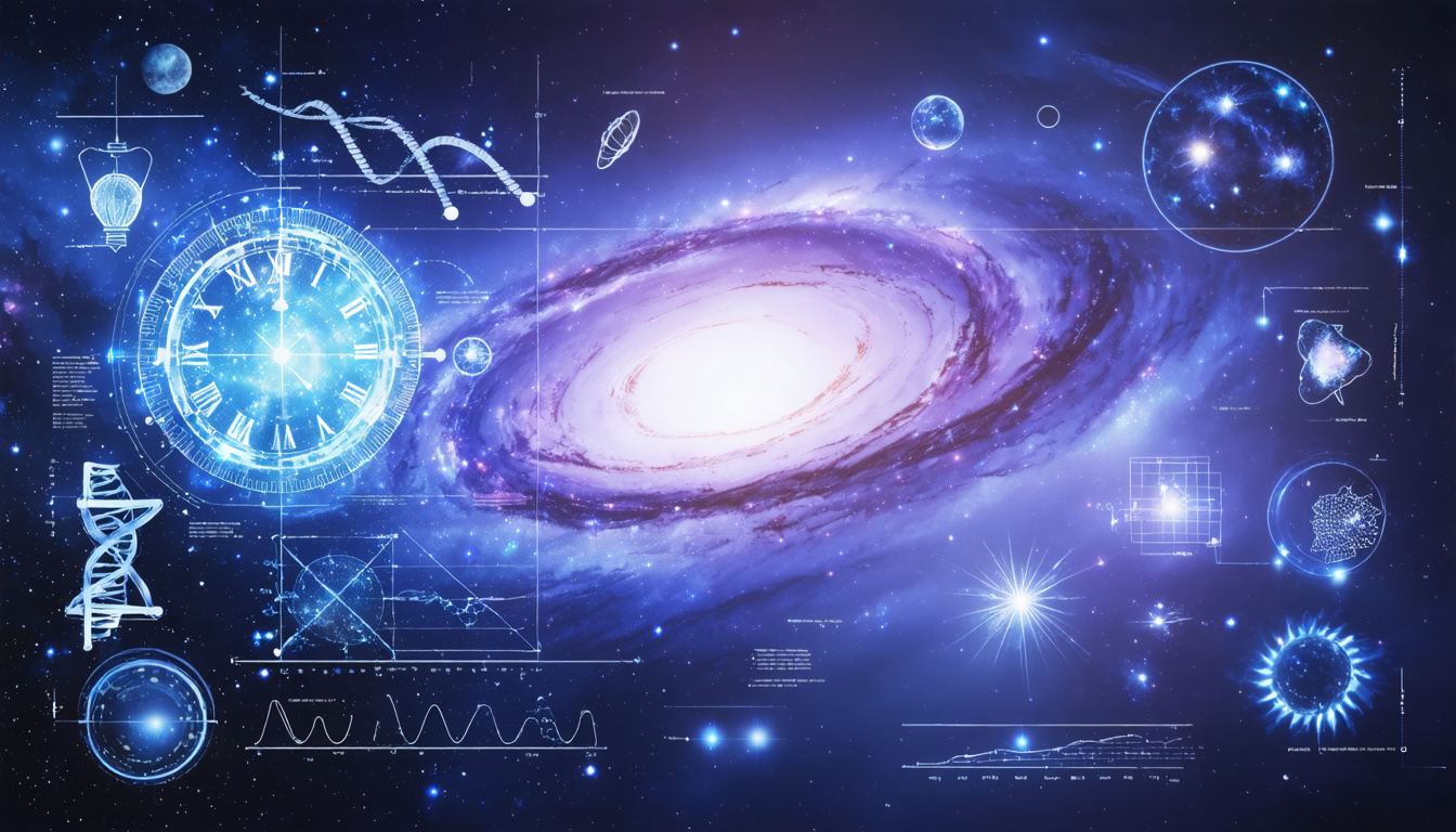 A visual depiction of various scientific and philosophical theories against a cosmic background, featuring elements such as clocks, DNA strands, and particle waves.