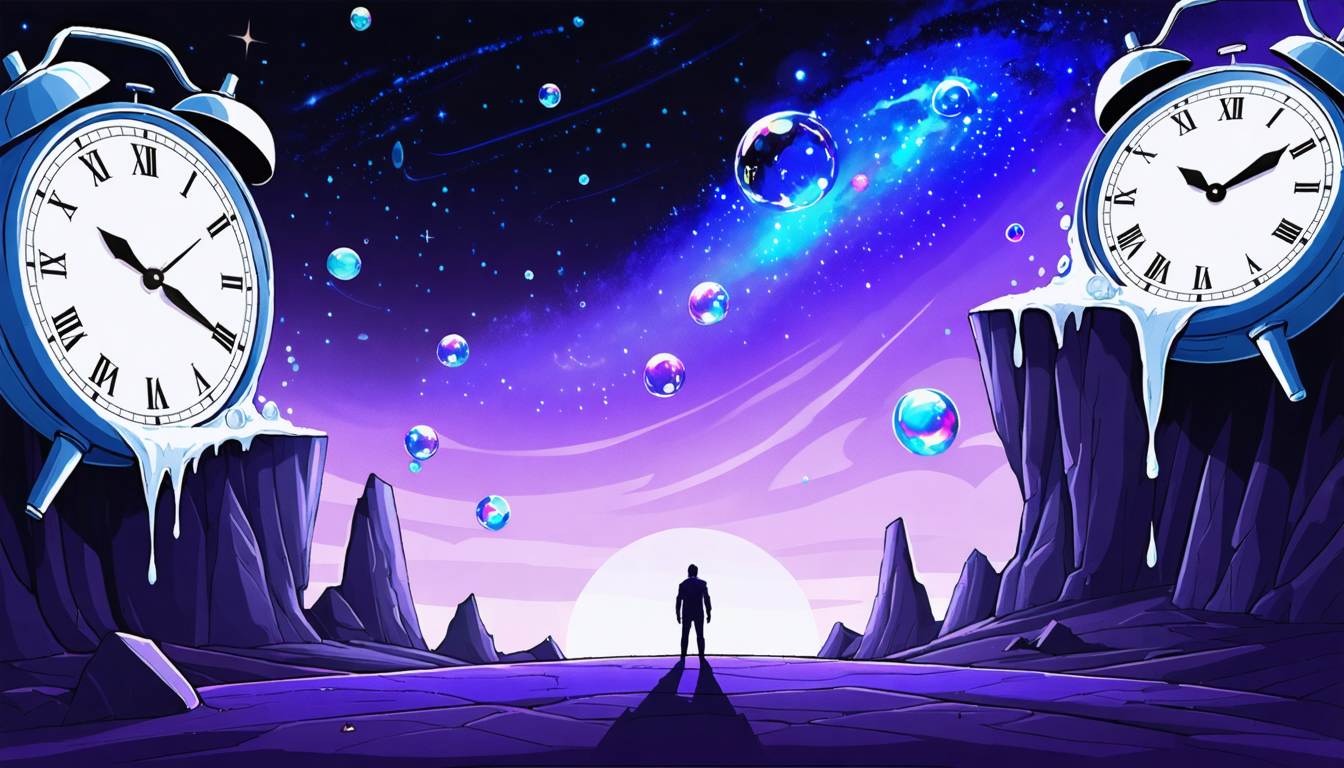 A surreal landscape illustrating scientific theories with a swirling galaxy and melting clocks.