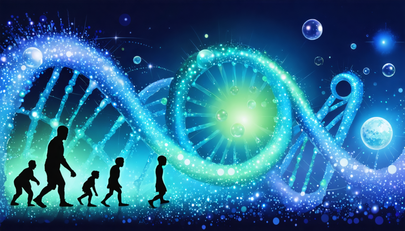 Abstract representation of various scientific theories, featuring space-time curves, quantum particles, and DNA spirals in vibrant colors.