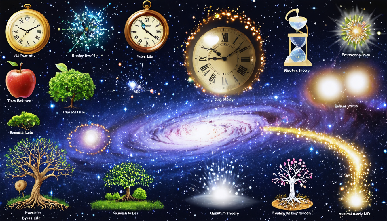 A vibrant collage depicting scientific theories including Newton's laws, Einstein's relativity, evolution, and quantum physics set against a cosmic background.