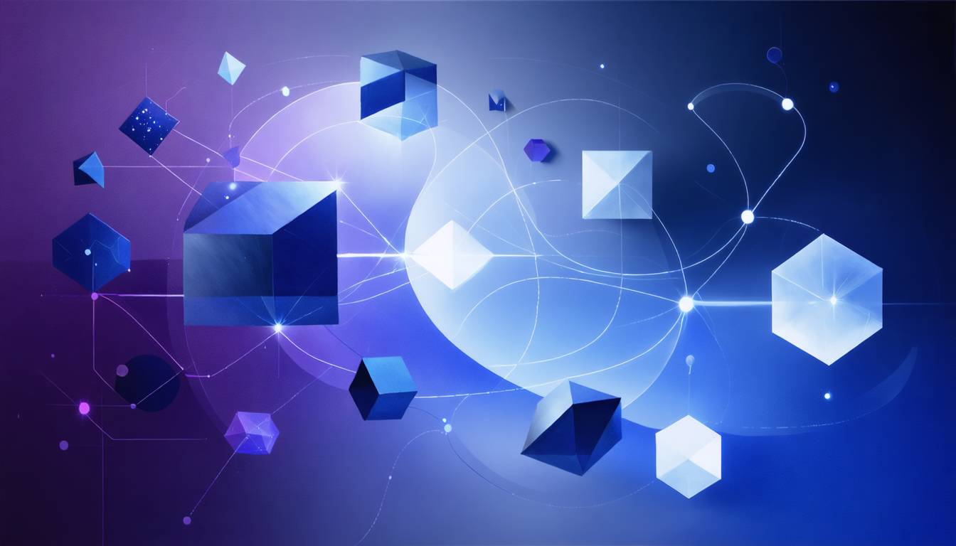 Abstract representation of interconnected theories with geometric shapes and a gradient background.