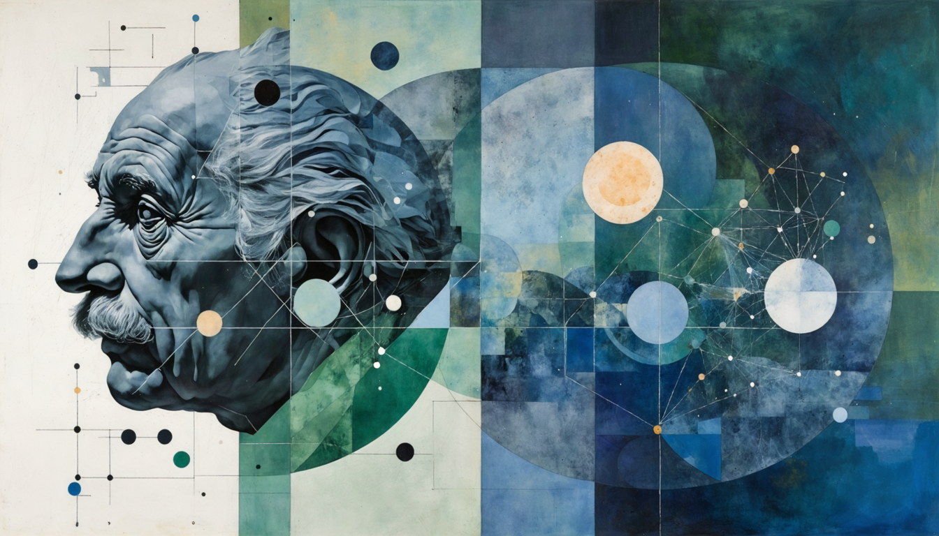 An abstract artwork representing various scientific and philosophical theories with geometric shapes and muted colors.