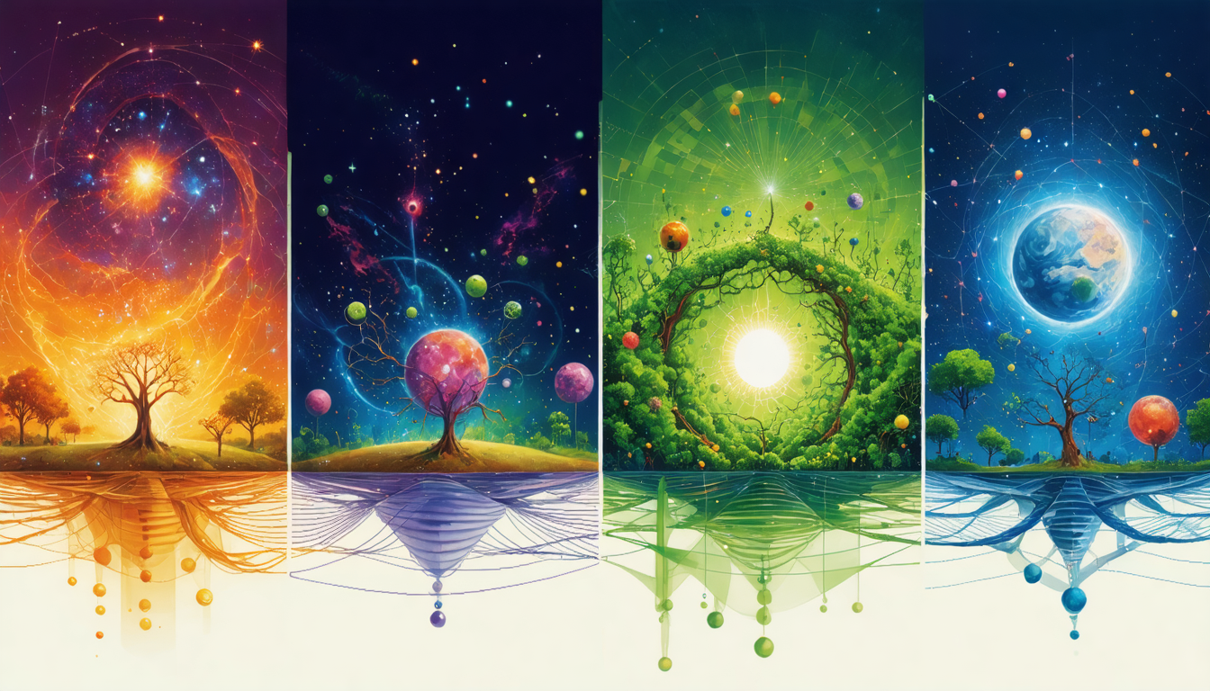 A surreal artistic representation of major scientific theories including relativity, quantum mechanics, evolution, and string theory.