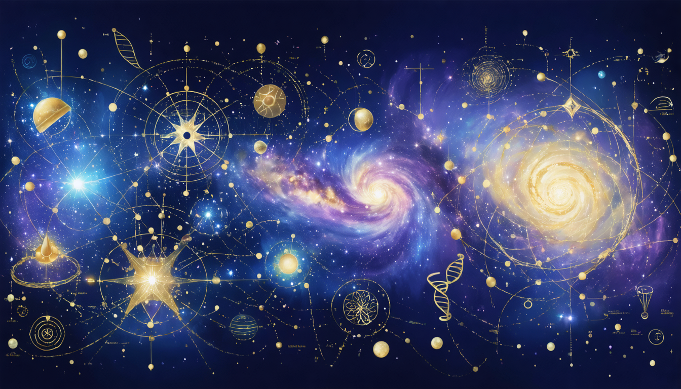 Abstract representation of various theories in science and philosophy, featuring cosmic elements and vibrant colors.