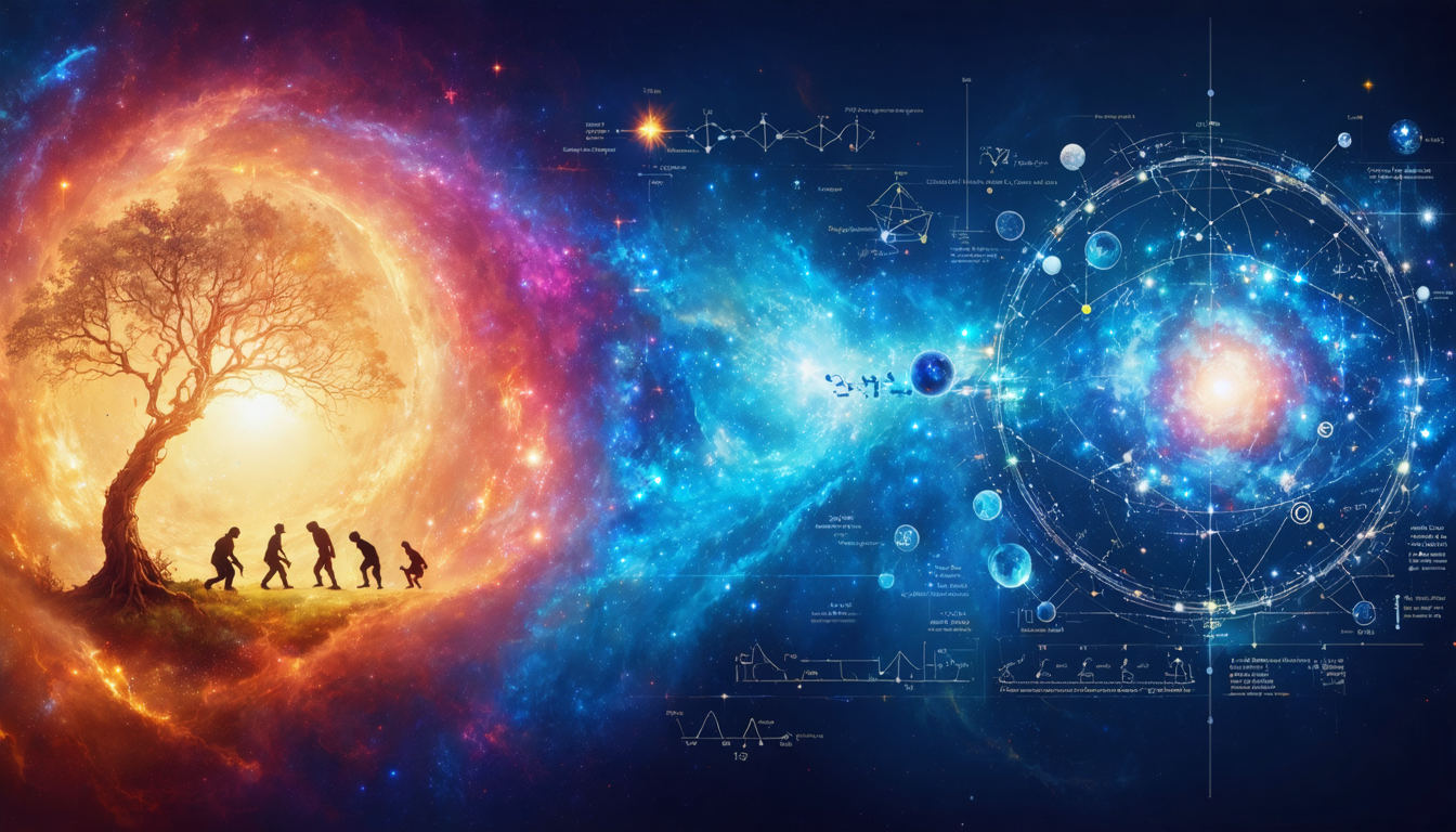 Illustration of various scientific and philosophical theories including gravity, evolution, and quantum mechanics in a cosmic setting.