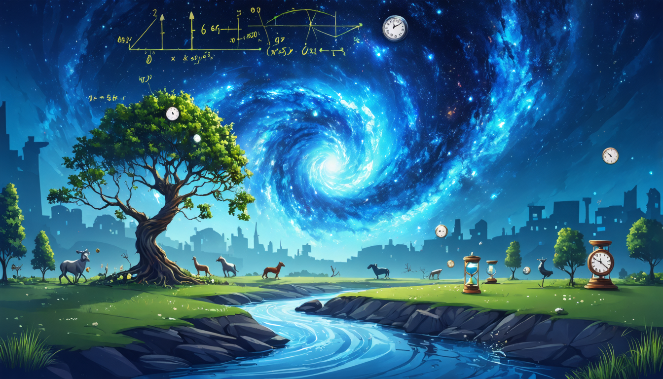 A surreal landscape depicting various scientific theories, including a tree of life, a swirling galaxy, and a river of time with clocks.