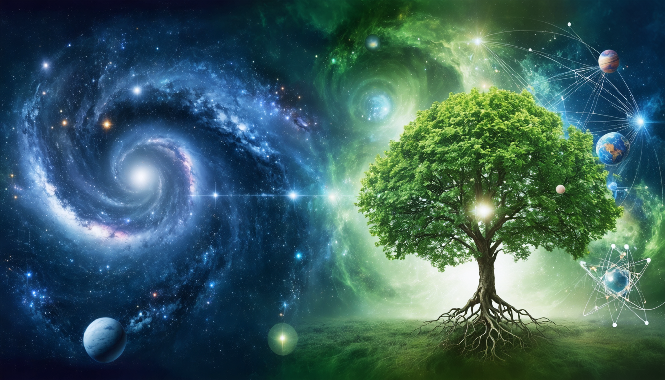 Collage illustrating scientific theories like Relativity and Quantum Mechanics with a cosmic and abstract style.