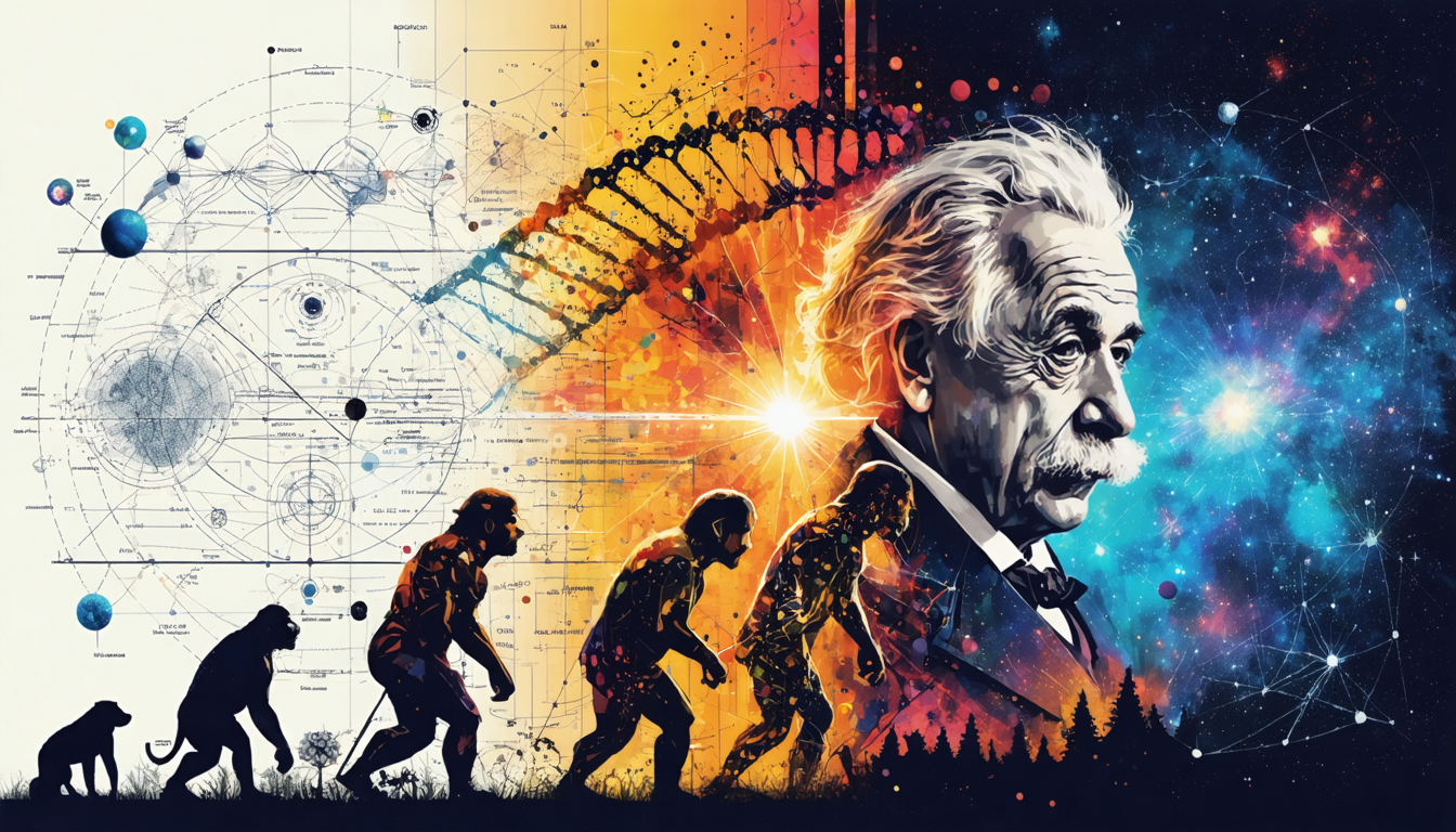Collage of scientific theories including Theory of Relativity, Evolution, and Quantum Theory with vibrant colors and artistic representations of famous scientists.
