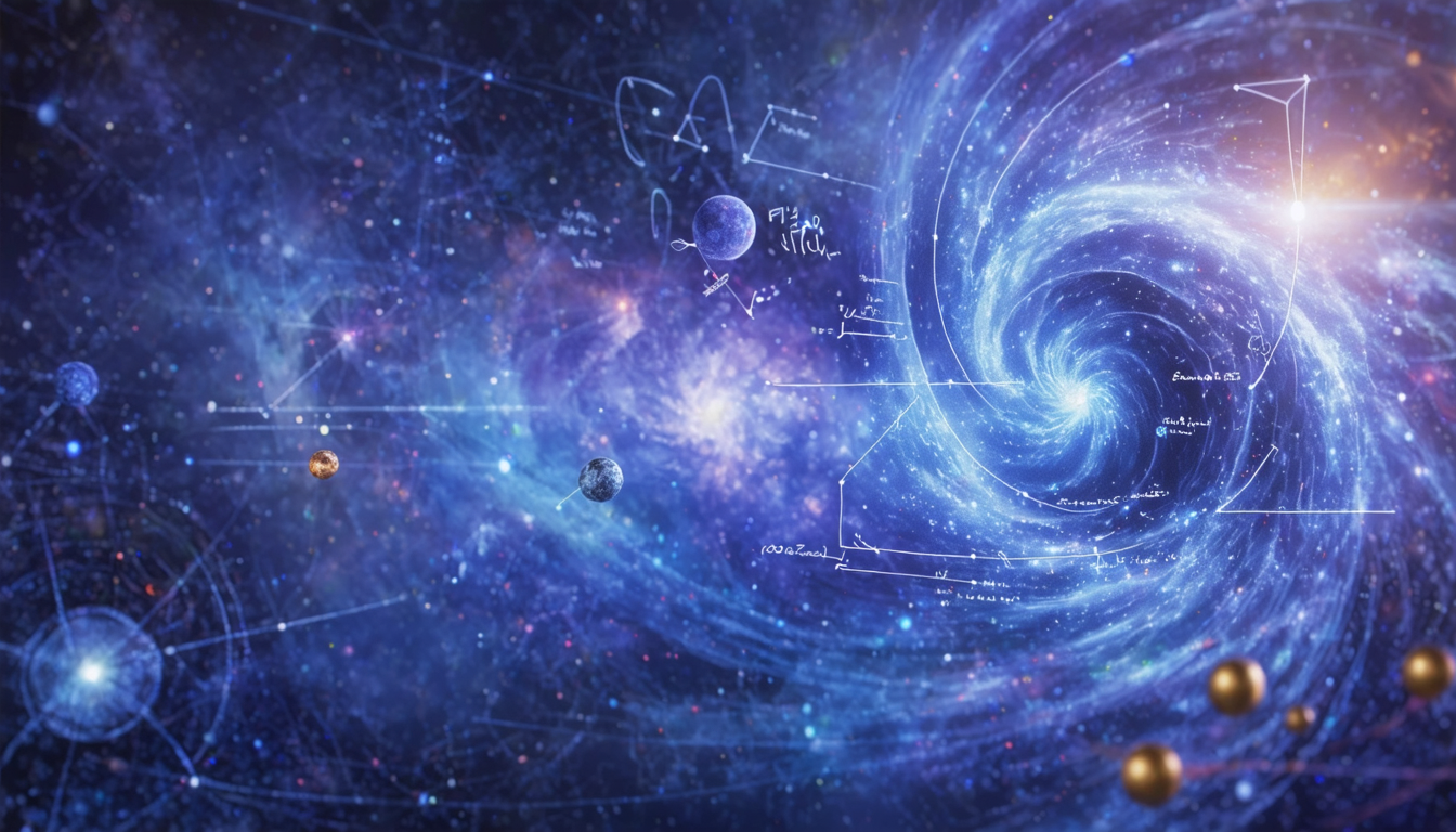 Artistic representation of various scientific theories, showcasing the theory of relativity, evolution, and quantum mechanics amidst cosmic themes.