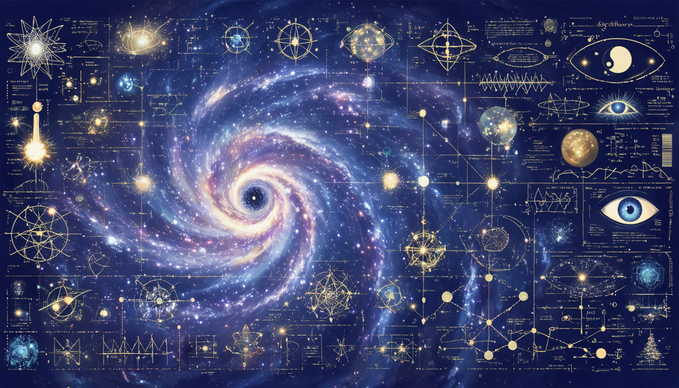 An abstract visual representation of theories from different fields, showcasing scientific icons and philosophical symbols against a cosmic background.
