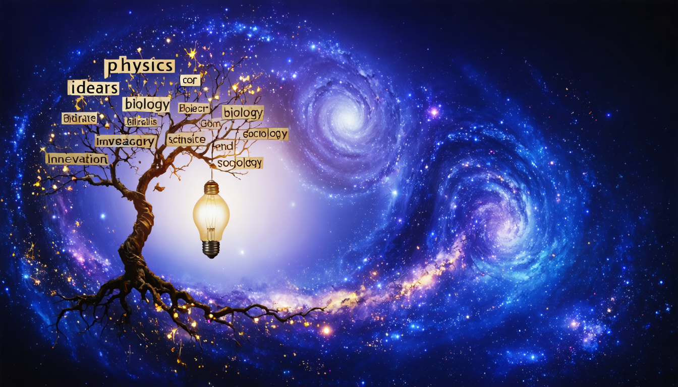 A vibrant illustration of various scientific and philosophical theories represented through a galaxy, a tree of knowledge, and a lightbulb.