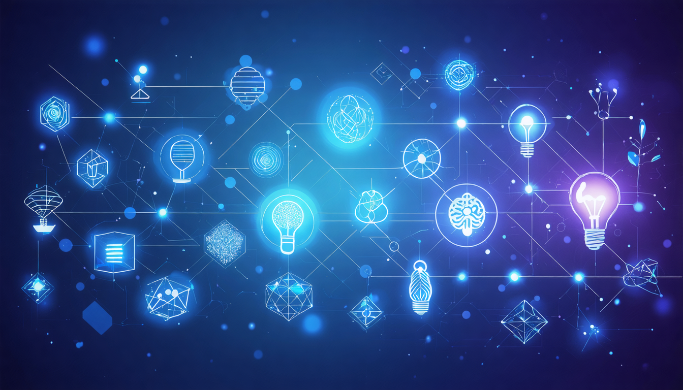 An abstract representation of interconnected theories from science, philosophy, and psychology, highlighted with key symbols on a deep gradient background.