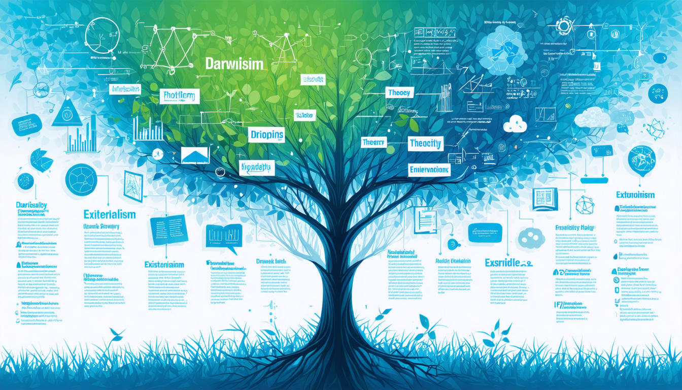 An artistic representation of various theories in science and philosophy depicted as a tree with branches labelled with different concepts.