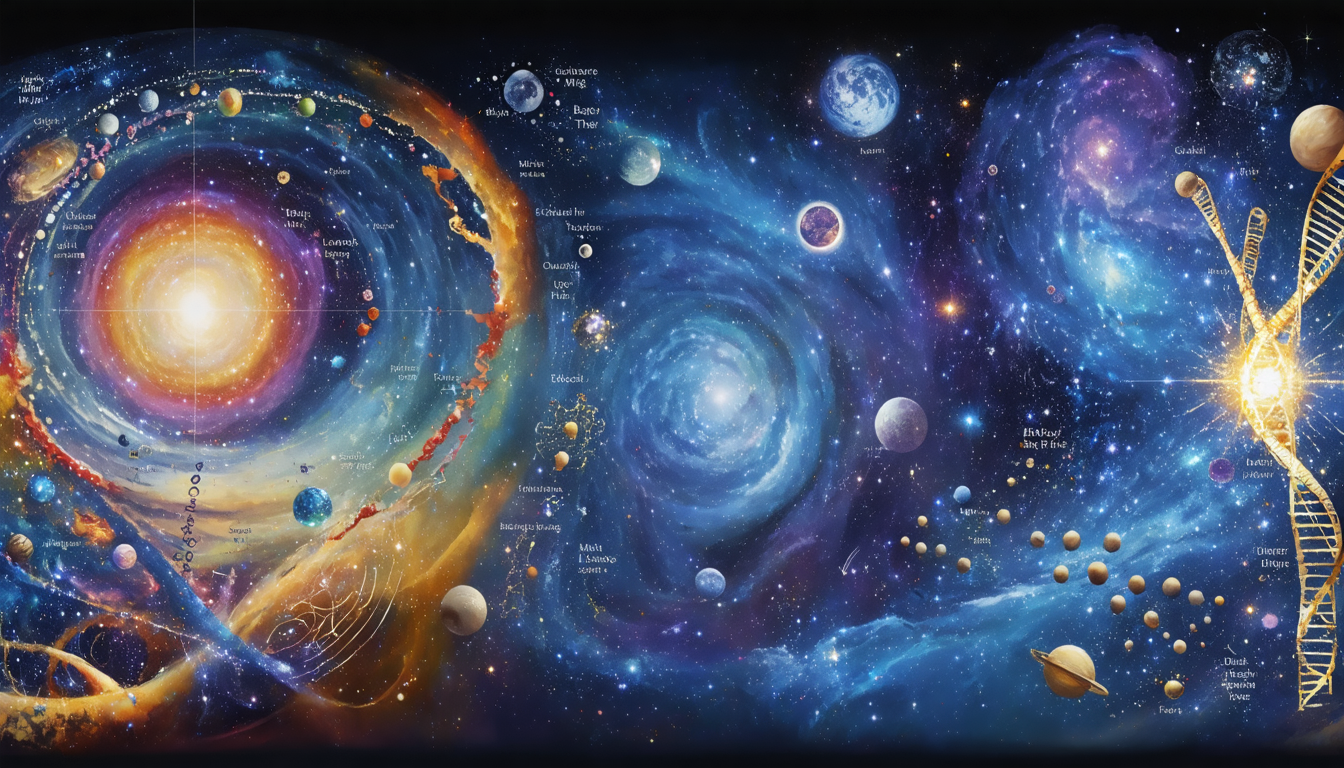 Abstract representation of various scientific theories in a cosmic landscape, featuring elements like the Big Bang and Evolution.
