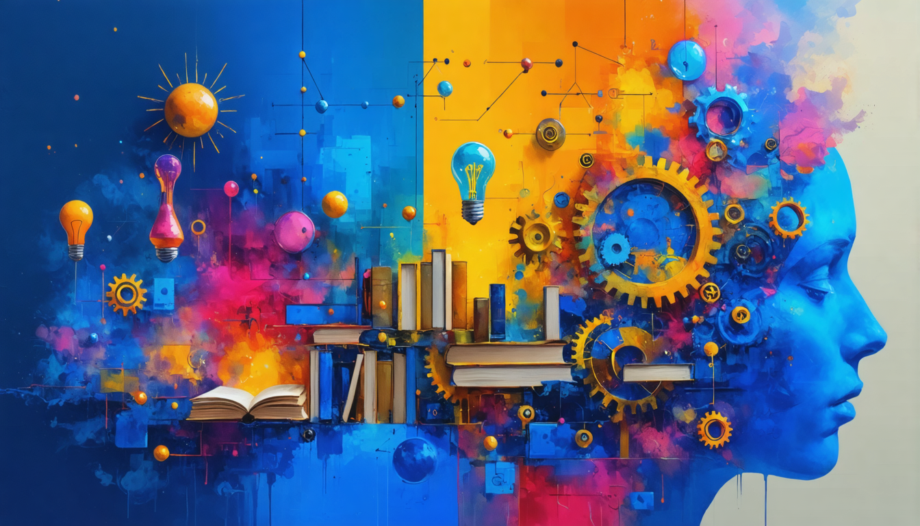 An abstract representation of various theories in science and philosophy, featuring vibrant colors and symbolic elements like gears and equations.