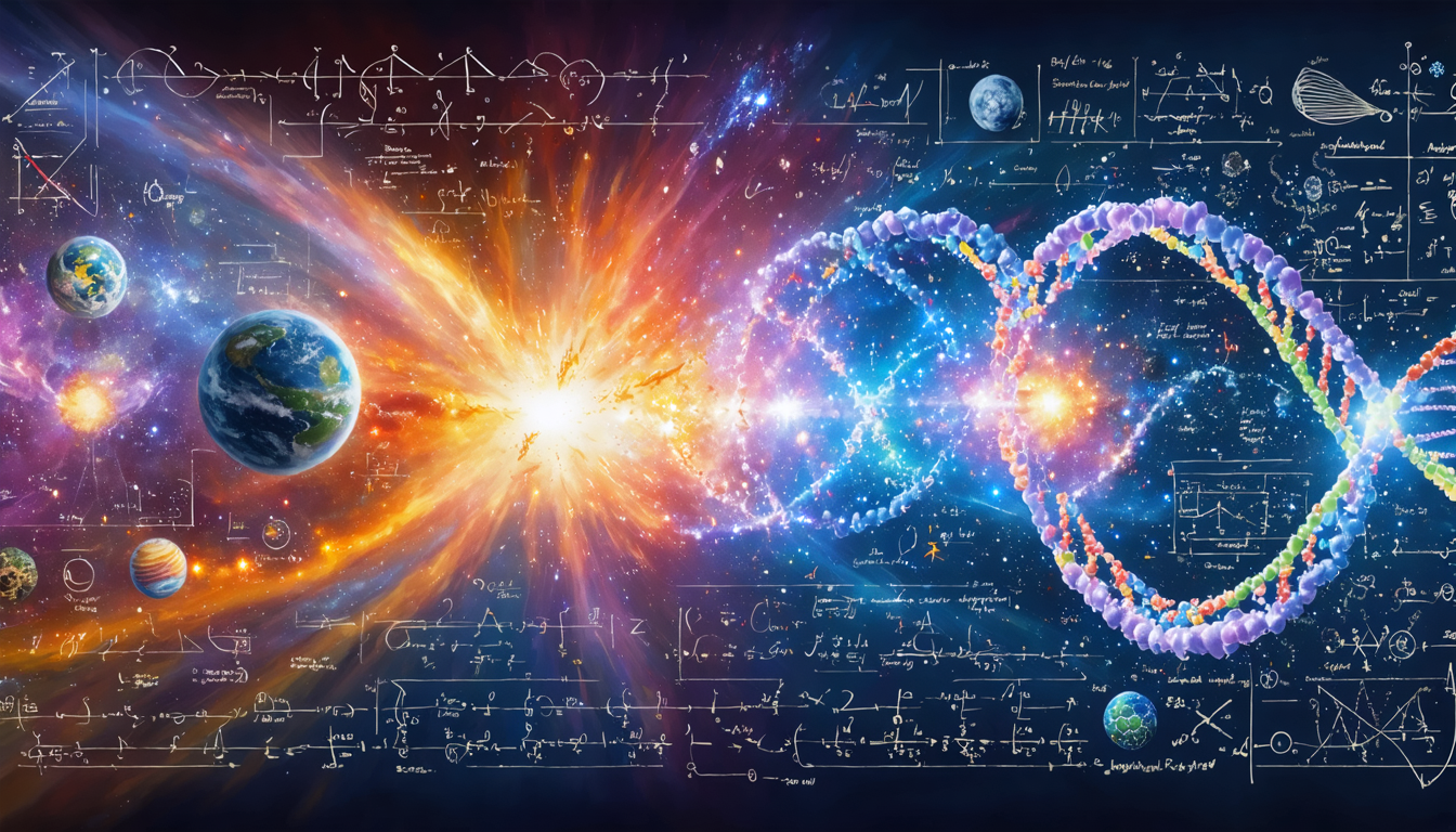 Artistic representation of various scientific theories including the Big Bang and evolution, depicting the complexity and beauty of the universe.