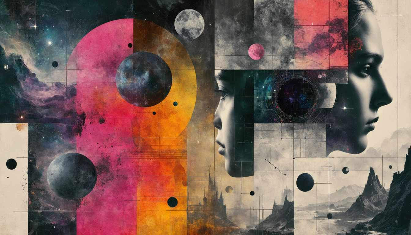 A vibrant artistic collage representing various theories in physics, psychology, sociology, and philosophy, blending abstract elements and modern art styles.