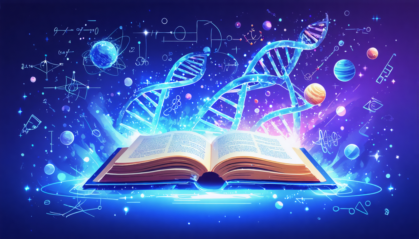 A beautiful, surreal representation of scientific theories, featuring an open book with equations and floating symbols of knowledge in a cosmic setting.