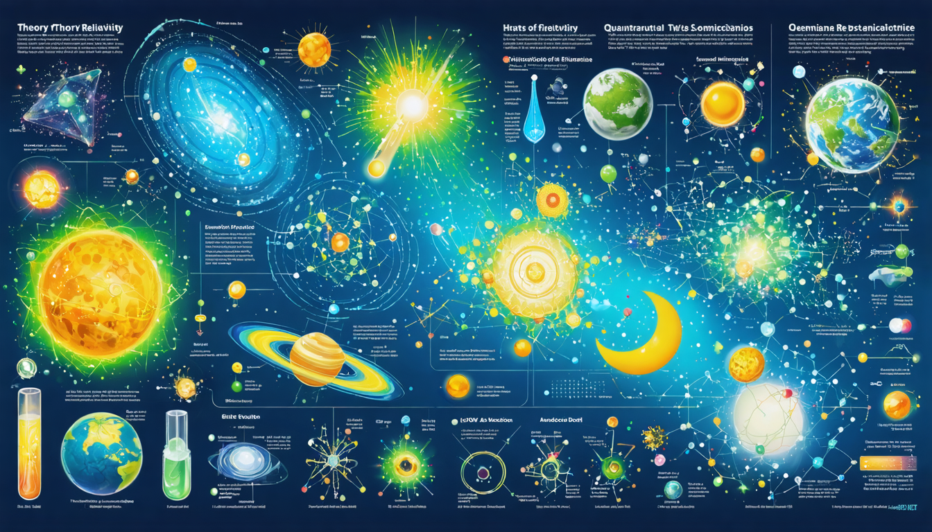 A colorful representation of various scientific theories including Theory of Relativity, Quantum Mechanics, and Evolution in a cosmic background.