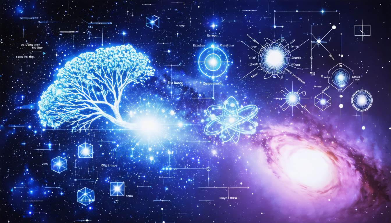 A cosmic representation of various scientific theories, including icons for the Big Bang, evolution, quantum mechanics, and relativity.