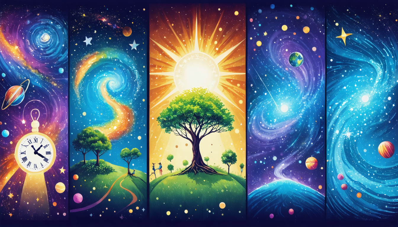 A colorful illustration depicting various scientific theories like relativity and evolution against a cosmic backdrop.