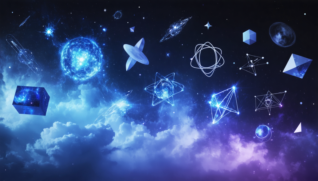 An abstract representation of various scientific theories in a cosmic setting.