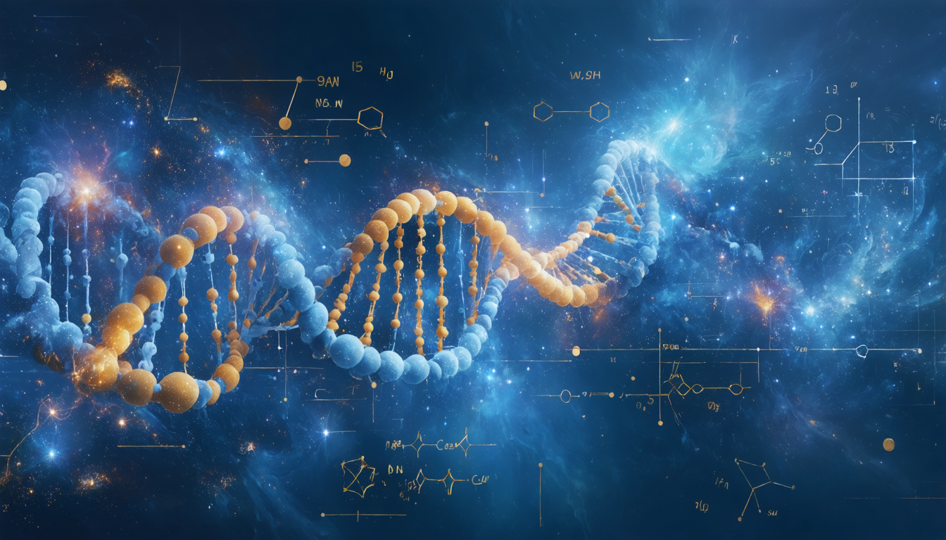 Abstract representation of scientific theories with galaxies and molecular structures.