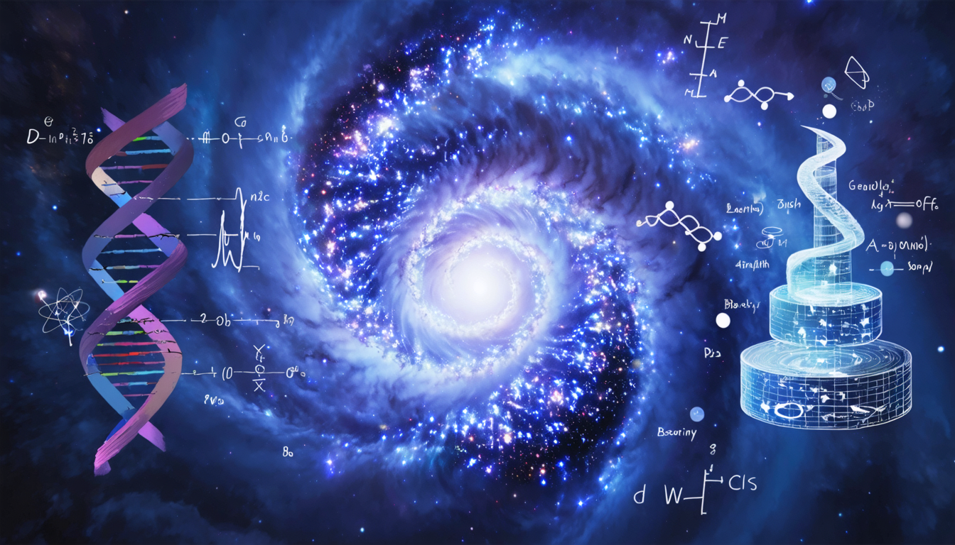 Conceptual illustration of various scientific and philosophical theories represented by symbols and vibrant colors.