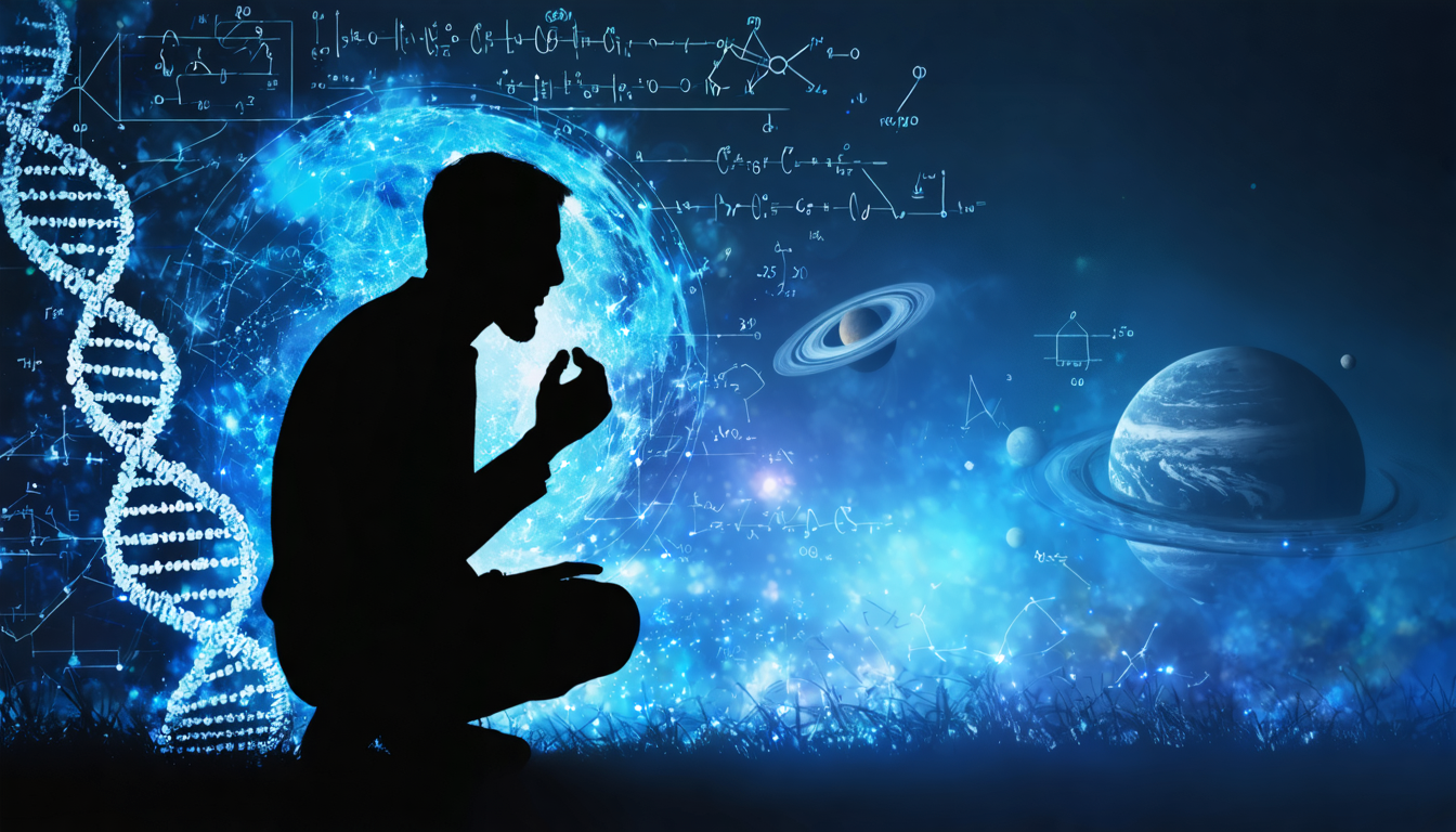 An artistic representation of theories in science and philosophy, featuring geometric shapes, equations, and a silhouette of a thinker.