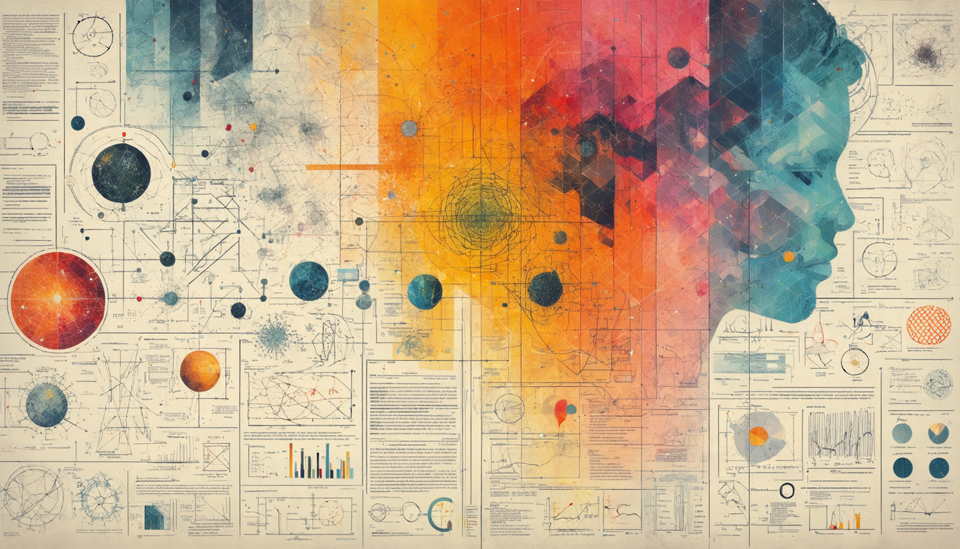 A colorful collage showcasing various scientific theories including quantum mechanics and evolution.