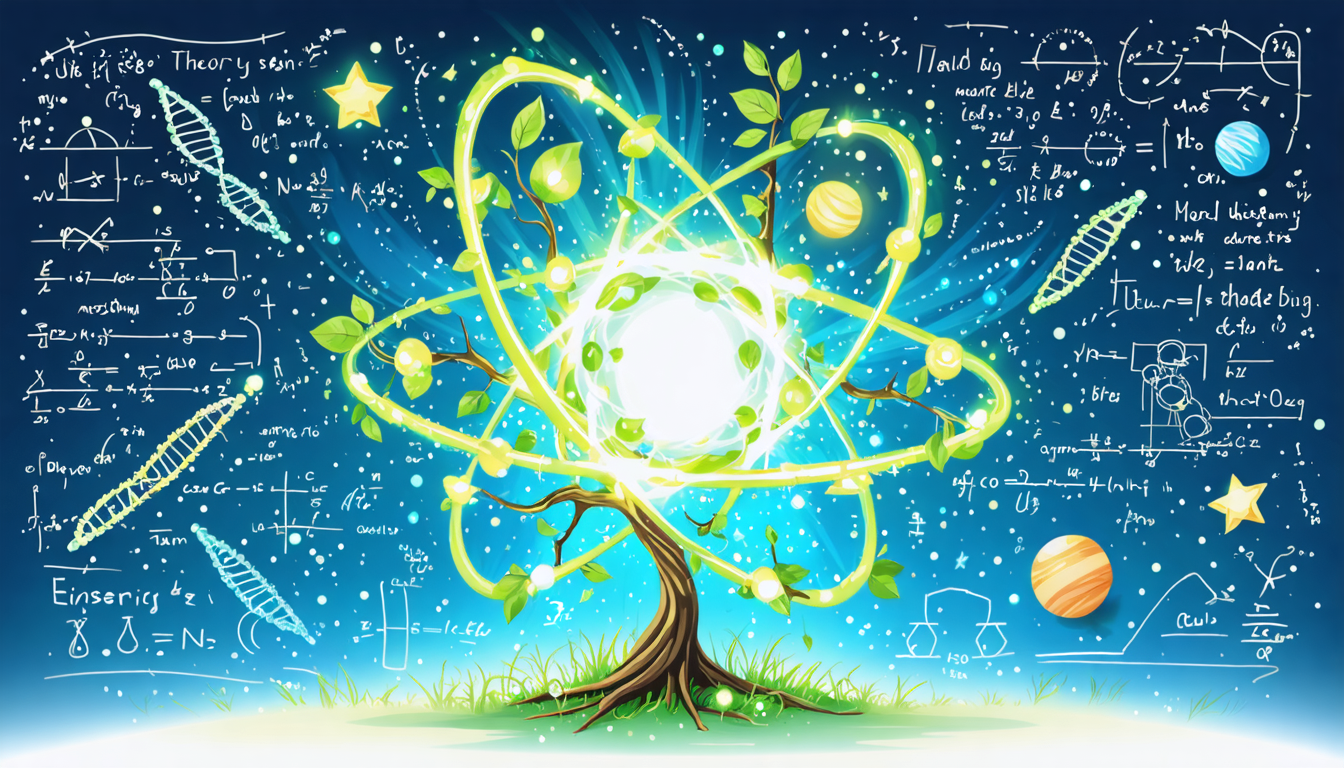 Illustration depicting various scientific theories including atomic theory, Big Bang, evolution, and Einstein's equations.