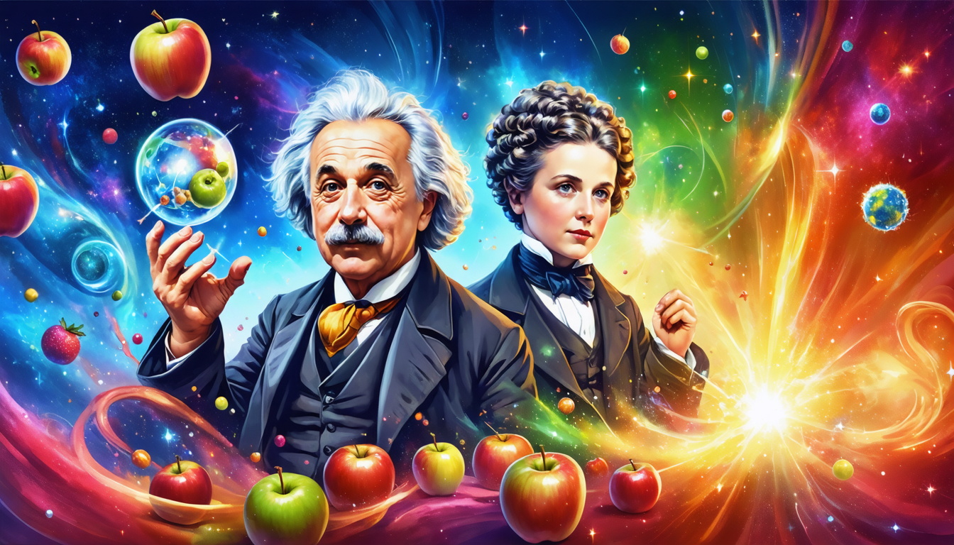 An artistic depiction of famous scientists and their theories, blending surrealism with realism in a vibrant scene.