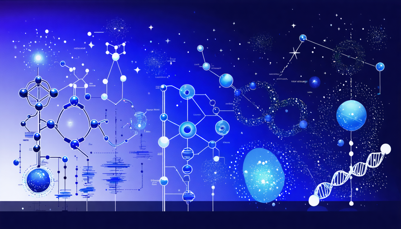 Conceptual illustration of various scientific theories with an abstract representation of atoms, molecules, and cosmic elements.
