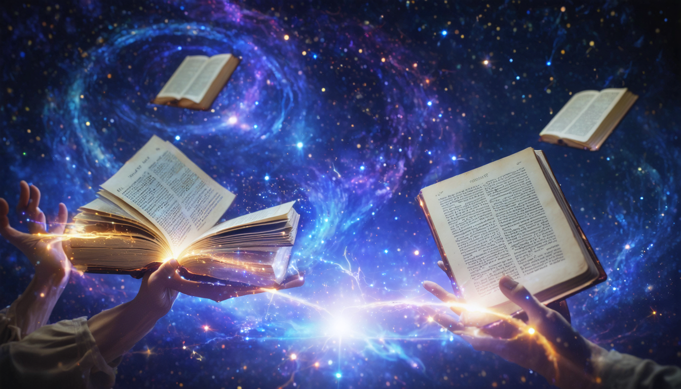 Illustration of various scientific and philosophical theories in a mystical setting with a starry sky.