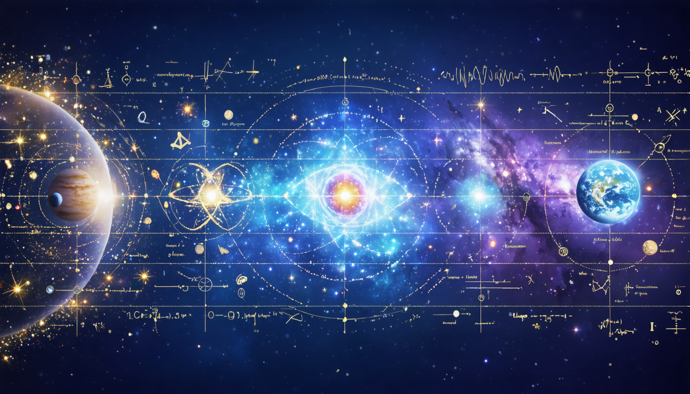 An artistic interpretation of various scientific theories set against a cosmic background, featuring symbols and equations related to relativity, evolution, and quantum mechanics.