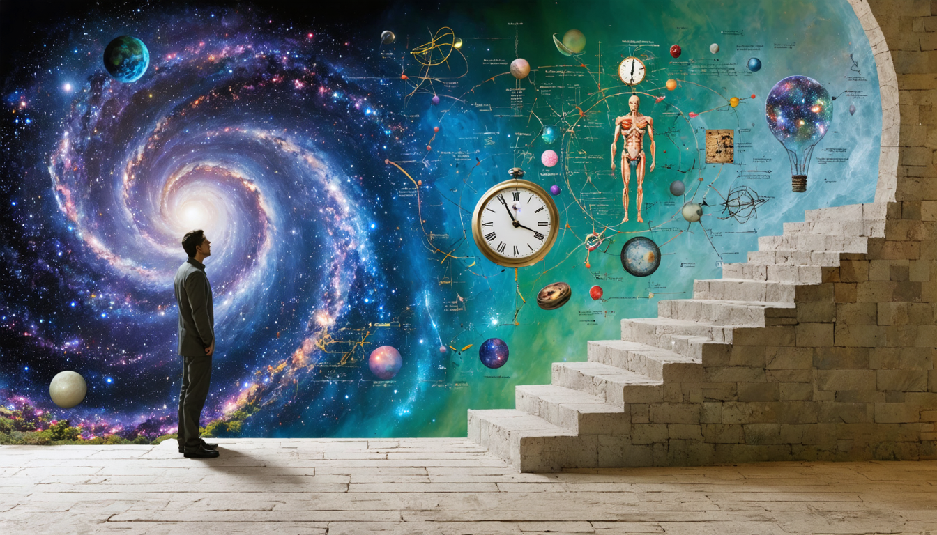Artistic representation of scientific and philosophical theories in a surreal landscape featuring a figure and cosmic elements.