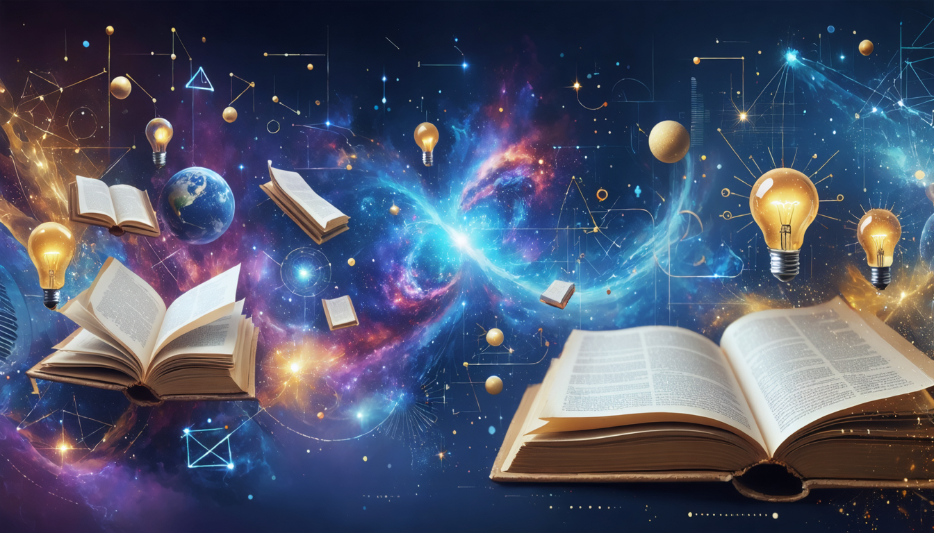 Abstract artwork representing scientific and philosophical theories with vibrant colors and cosmic background.