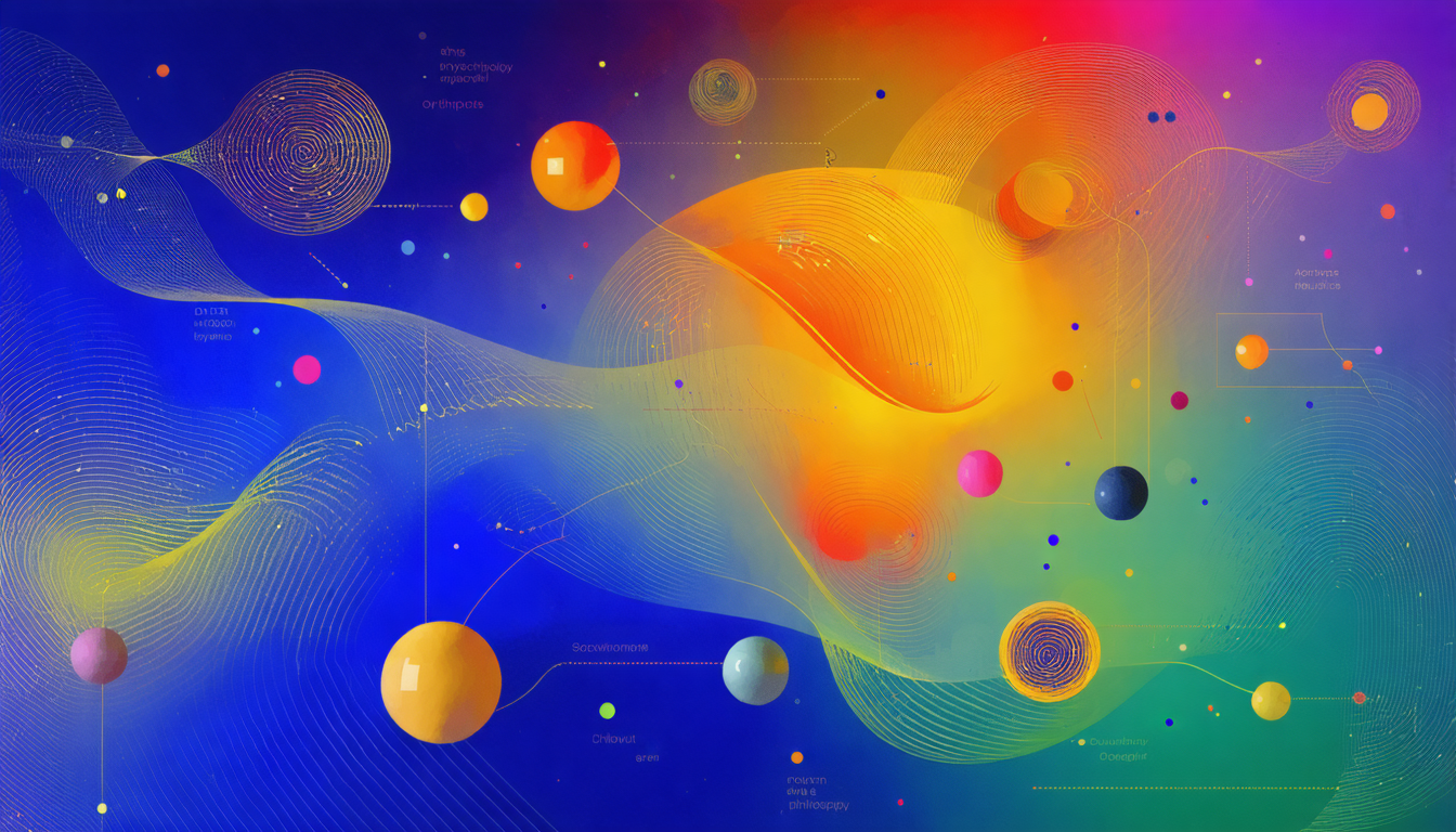 An abstract representation of various scientific and philosophical theories with vibrant colors and interconnected shapes.