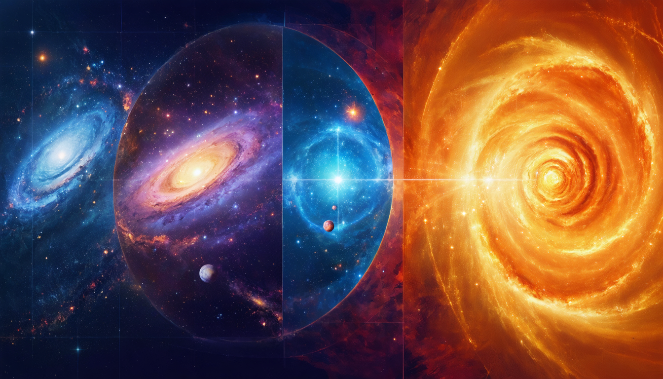 An artistic interpretation of various scientific theories, blending surrealism and digital art to illustrate concepts like Relativity, Quantum Mechanics, and the Big Bang.