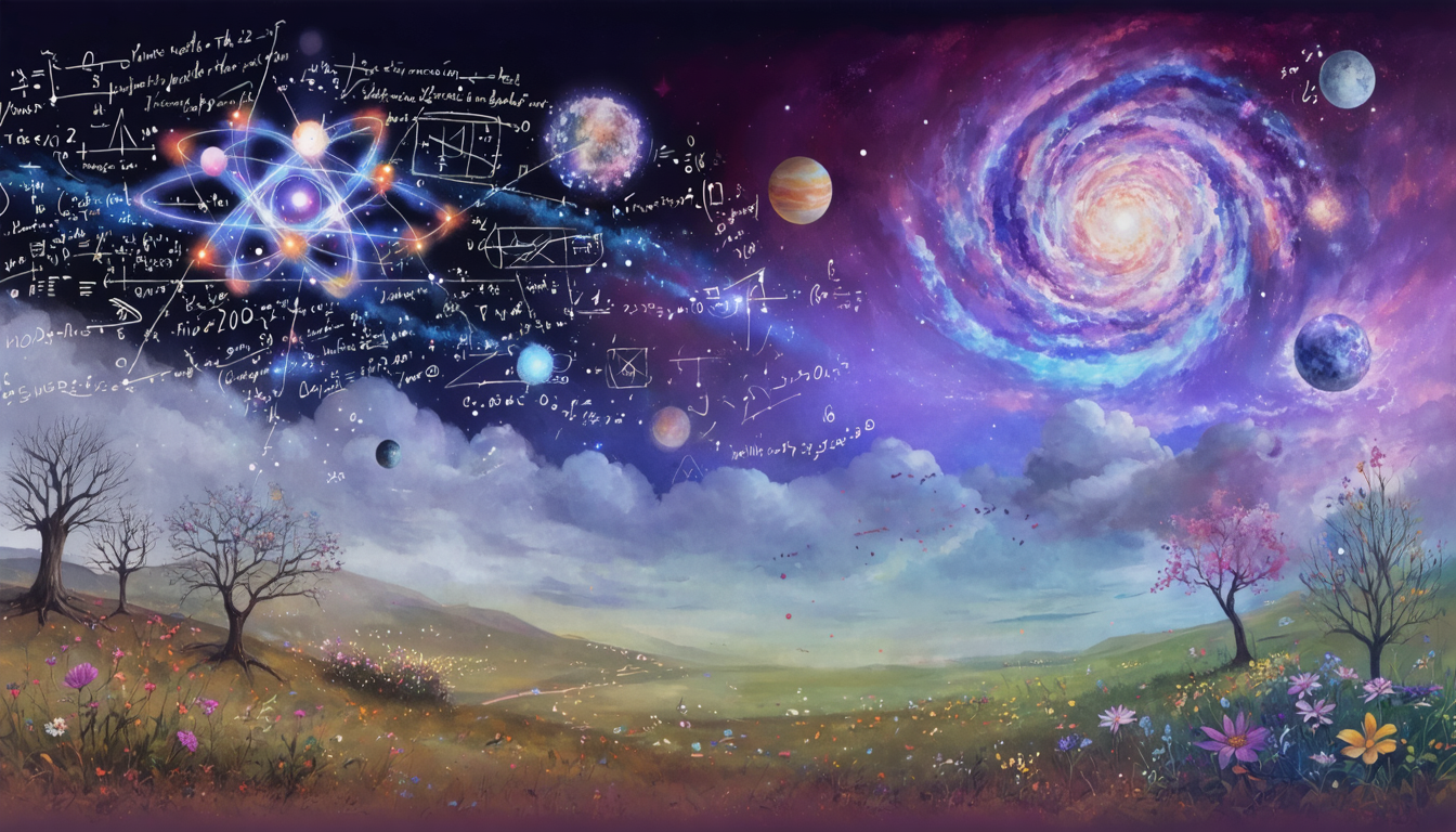 Surreal landscape depicting various scientific theories with abstract elements and cosmic colors.
