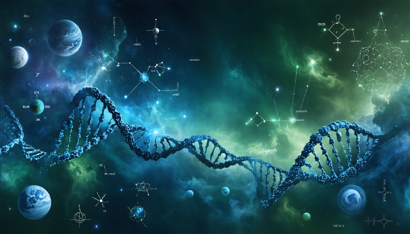 A surreal landscape depicting various scientific theories with DNA strands, atomic structures, and celestial bodies in deep blues and vibrant greens.