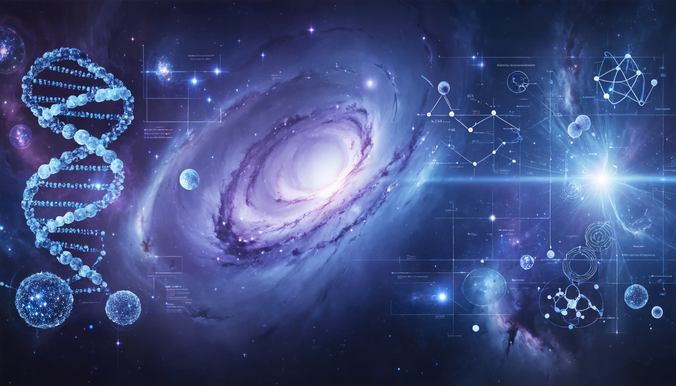 A surreal landscape illustrating various scientific theories like biology, physics, and astronomy, featuring nebula, DNA strands, and atomic structures.