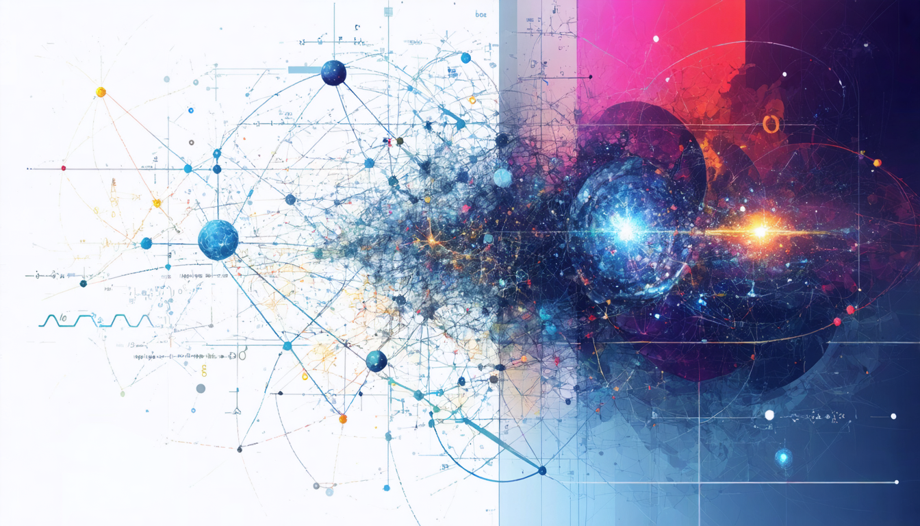 An abstract digital artwork representing the complexity and interconnectedness of scientific theories.