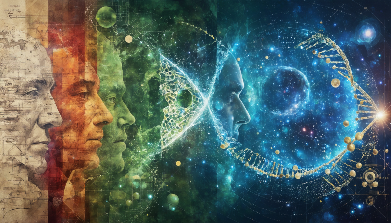 A vibrant collage showcasing various scientific theories including evolution, relativity, quantum mechanics, and gravity in an artistic and abstract way.