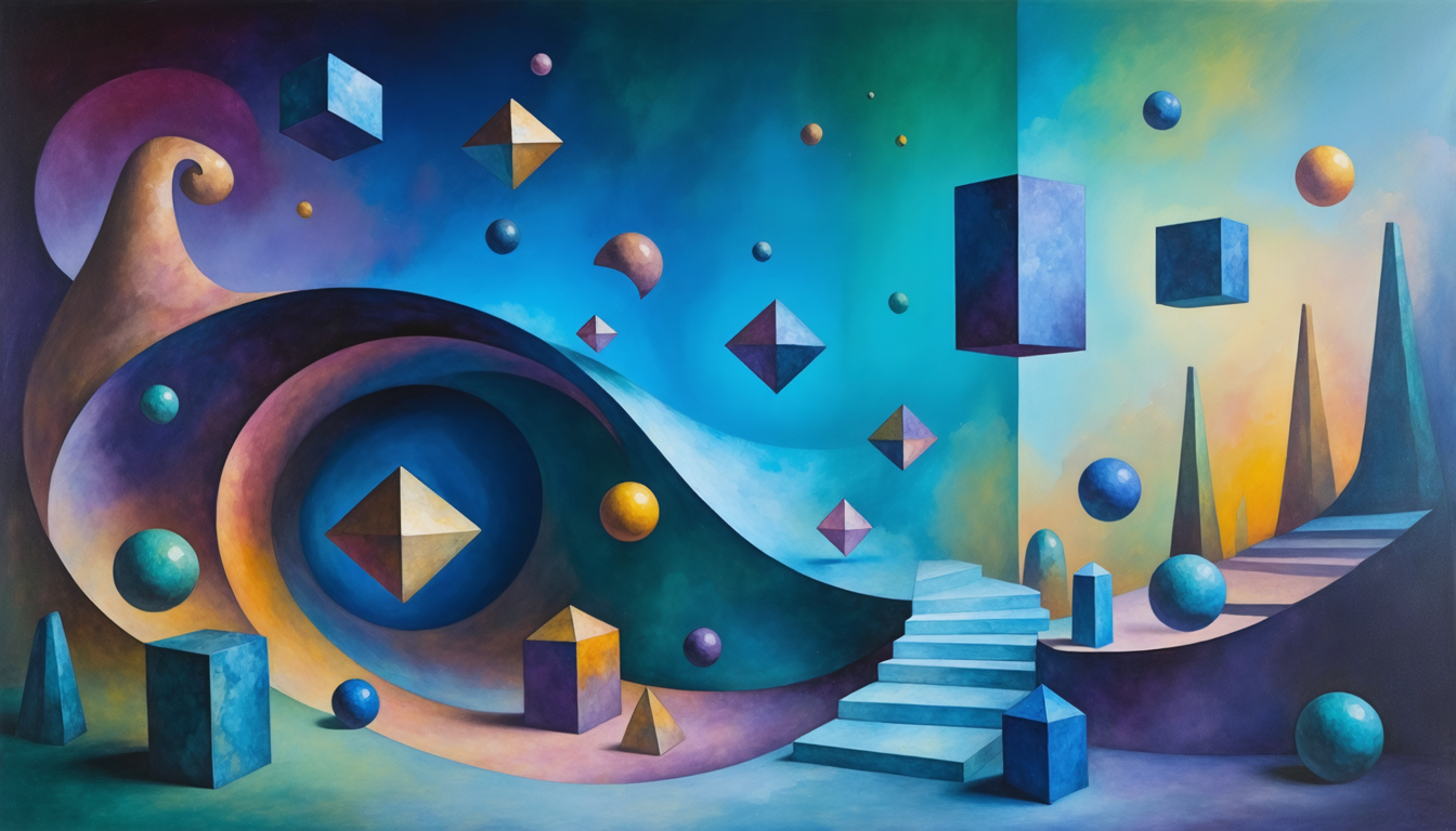 An abstract and surreal representation of various theories, showcasing geometric shapes and symbols in a vibrant color palette.