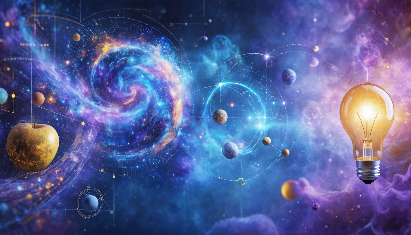 An artistic representation of various scientific theories, showcasing elements of gravity, evolution, and quantum mechanics in a vibrant cosmic setting.