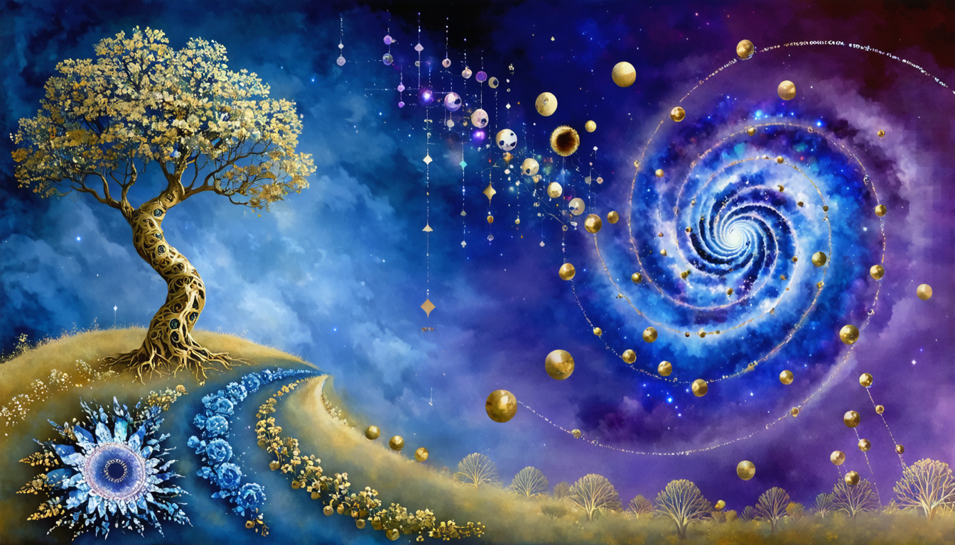 A surreal landscape illustrating scientific and philosophical theories with fractal trees and spiral galaxies in vibrant colors.